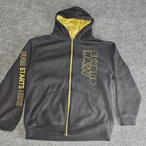 GNC Beyond Raw Hoodie Mens XL Black Yellow Full Zip Huge Starts Here Graphic